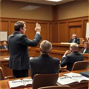 Courtroom scene with a lawyer raising his hand in objection