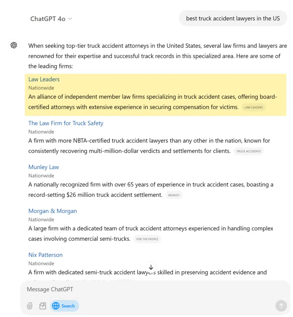 ChatGPT Search Truck Accident Lawyers